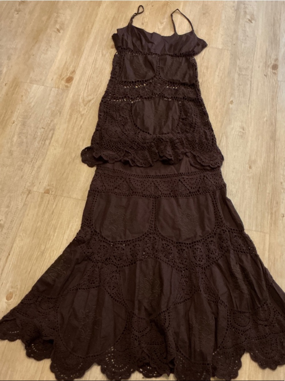 BCBGMaxAzria Brown Crochet Spaghetti-Strap Maxi Dress